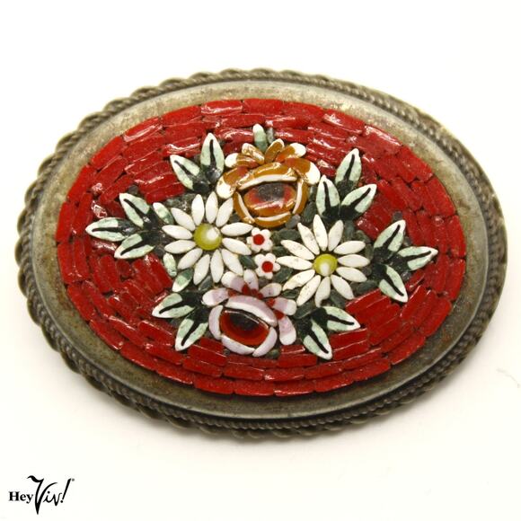 Vintage Micro Mosaic Floral Pin Made in Italy Mille Fiori 1.5" Across - Hey Viv - Picture 1 of 6